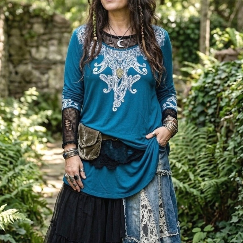 Boho Whimsical Fairy Grunge Tunic Top Rayon Spandex Teal Blue Green Womens XXL
